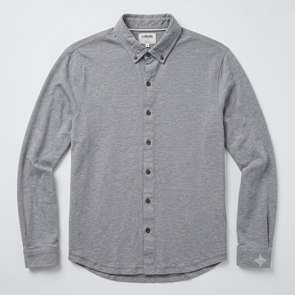 Tidewater Building Group LINKSOUL Jersey Knit Button Down Shirt Gray Mens Medium